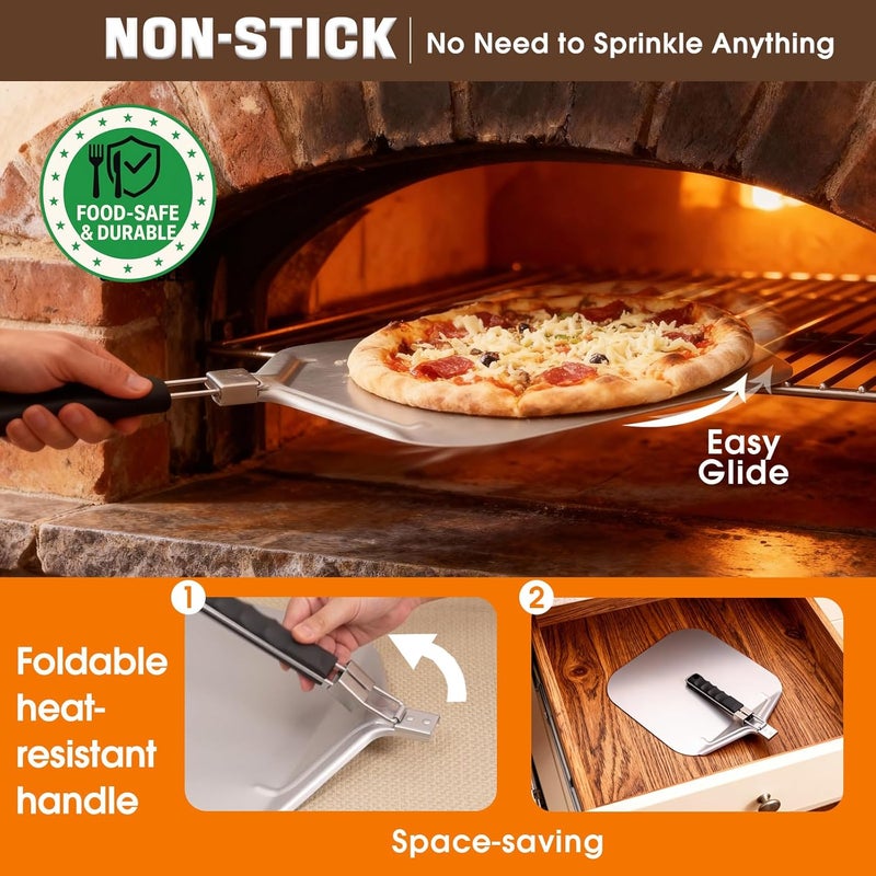 Bonteck Pizza Peel Aluminum Metal Pizza Spatula Kit | 12x14 Inch Foldable Handle Paddle | 6Pcs Pizza Oven Accessories with Rocker Cutter, Pizza Pan, Pizza Server, Oven Mitts, for Family Oven Baking - Image 3